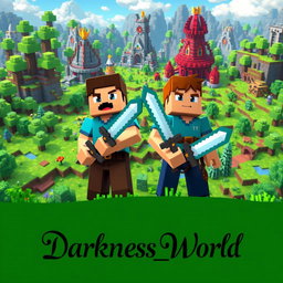 A vibrant Minecraft Survival world showcasing a lush landscape filled with blocky trees, grassy plains, and fantastical structures