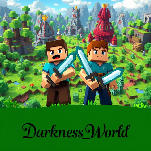 A vibrant Minecraft Survival world showcasing a lush landscape filled with blocky trees, grassy plains, and fantastical structures