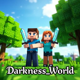 A vibrant Minecraft landscape featuring lush green blocky trees and a bright blue sky