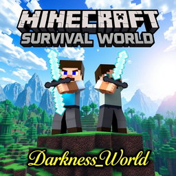 A vibrant Minecraft Survival world, showcasing a detailed landscape filled with blocky trees, mountains, and a bright blue sky
