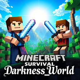 A vibrant Minecraft Survival world, showcasing a detailed landscape filled with blocky trees, mountains, and a bright blue sky