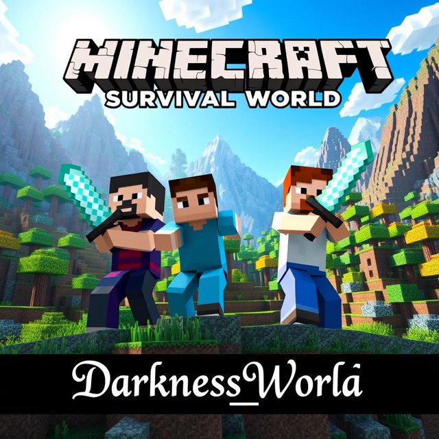 A vibrant Minecraft Survival world, showcasing a detailed landscape filled with blocky trees, mountains, and a bright blue sky