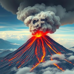 A massive volcano erupting with molten lava cascading down its sides and a dense cloud of ash and smoke billowing high into the sky