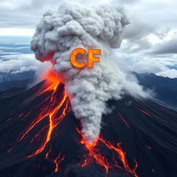 A massive volcano erupting with molten lava cascading down its sides and a dense cloud of ash and smoke billowing high into the sky