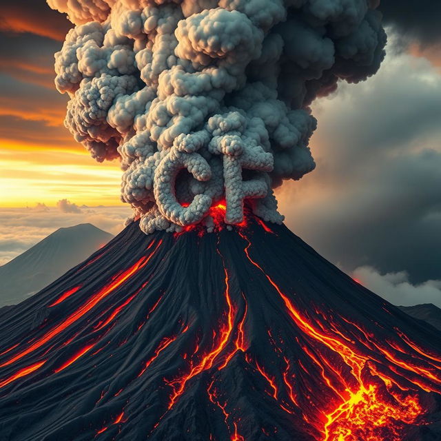 A massive volcano erupting with molten lava cascading down its sides and a dense cloud of ash and smoke billowing high into the sky