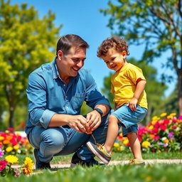 A heartwarming Father's Day scene featuring a loving father and his young son in a park