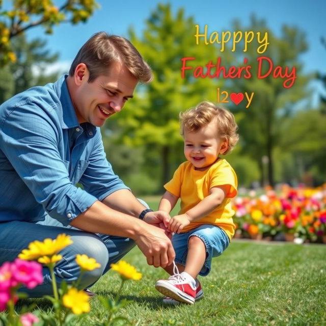 A heartwarming Father's Day scene featuring a loving father and his young son in a park