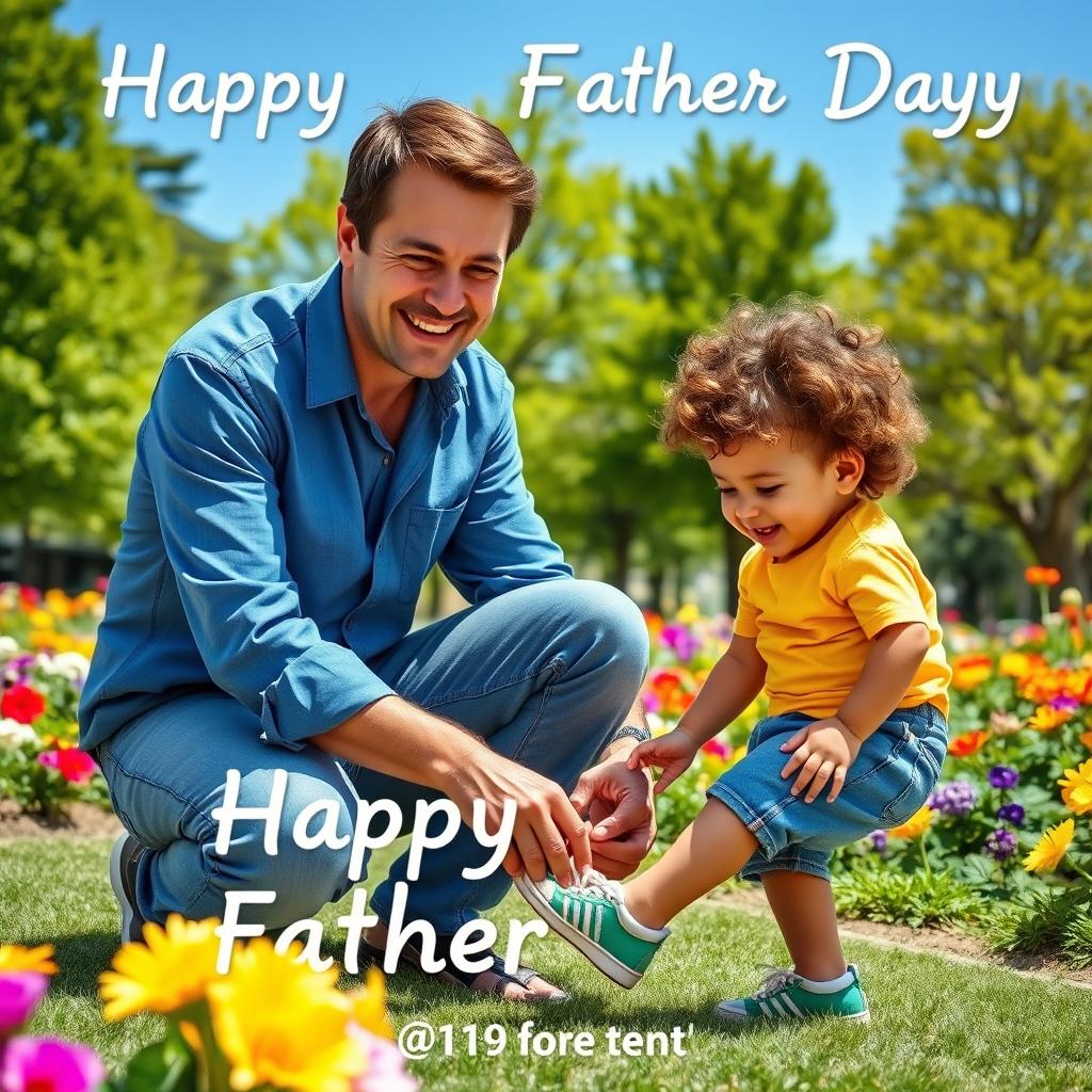 A heartwarming Father's Day scene featuring a loving father and his young son in a park