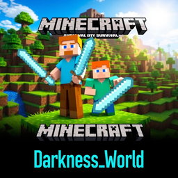 A vibrant Minecraft Survival scene featuring a detailed landscape with blocky terrain, including grassy hills, trees, and a bright blue sky