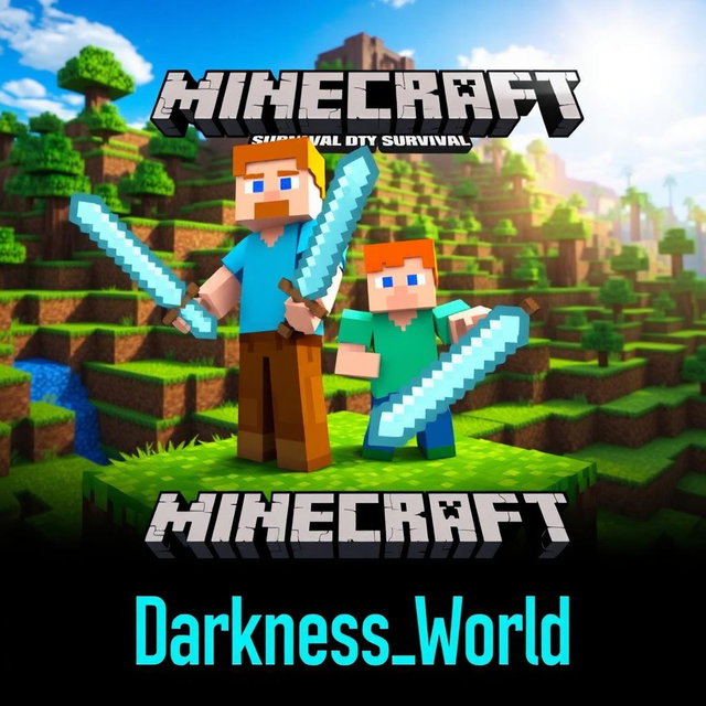 A vibrant Minecraft Survival scene featuring a detailed landscape with blocky terrain, including grassy hills, trees, and a bright blue sky