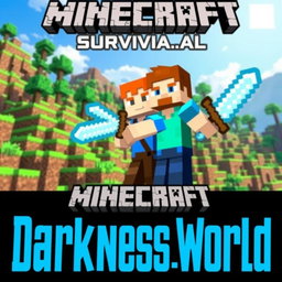 A vibrant Minecraft Survival scene featuring a detailed landscape with blocky terrain, including grassy hills, trees, and a bright blue sky