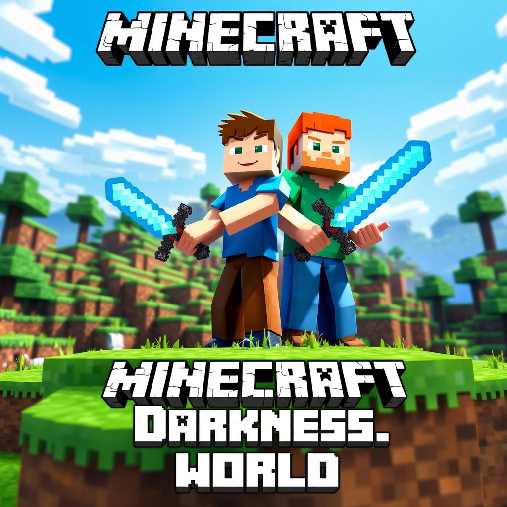 A vibrant Minecraft Survival scene featuring a detailed landscape with blocky terrain, including grassy hills, trees, and a bright blue sky