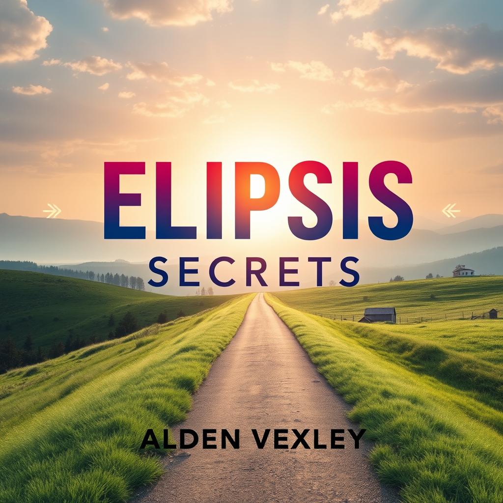 A flat book cover design titled 'Elipsis Secrets' featuring a realistic serene landscape as the background, showcasing a pathway that leads toward a bright horizon, symbolizing transformation