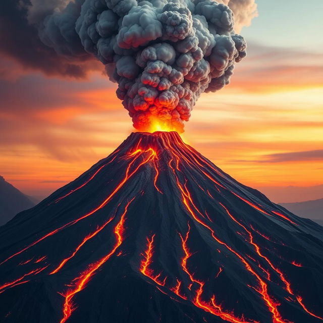 A massive volcano erupting vigorously, with rivers of lava flowing down its sides and an enormous plume of ash and smoke billowing high into the sky