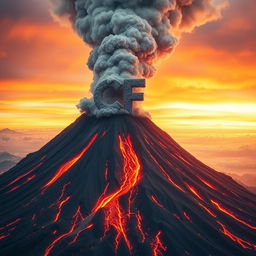 A massive volcano erupting vigorously, with rivers of lava flowing down its sides and an enormous plume of ash and smoke billowing high into the sky