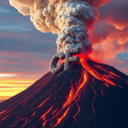 A massive volcano erupting vigorously, with rivers of lava flowing down its sides and an enormous plume of ash and smoke billowing high into the sky