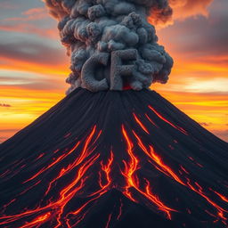 A massive volcano erupting vigorously, with rivers of lava flowing down its sides and an enormous plume of ash and smoke billowing high into the sky