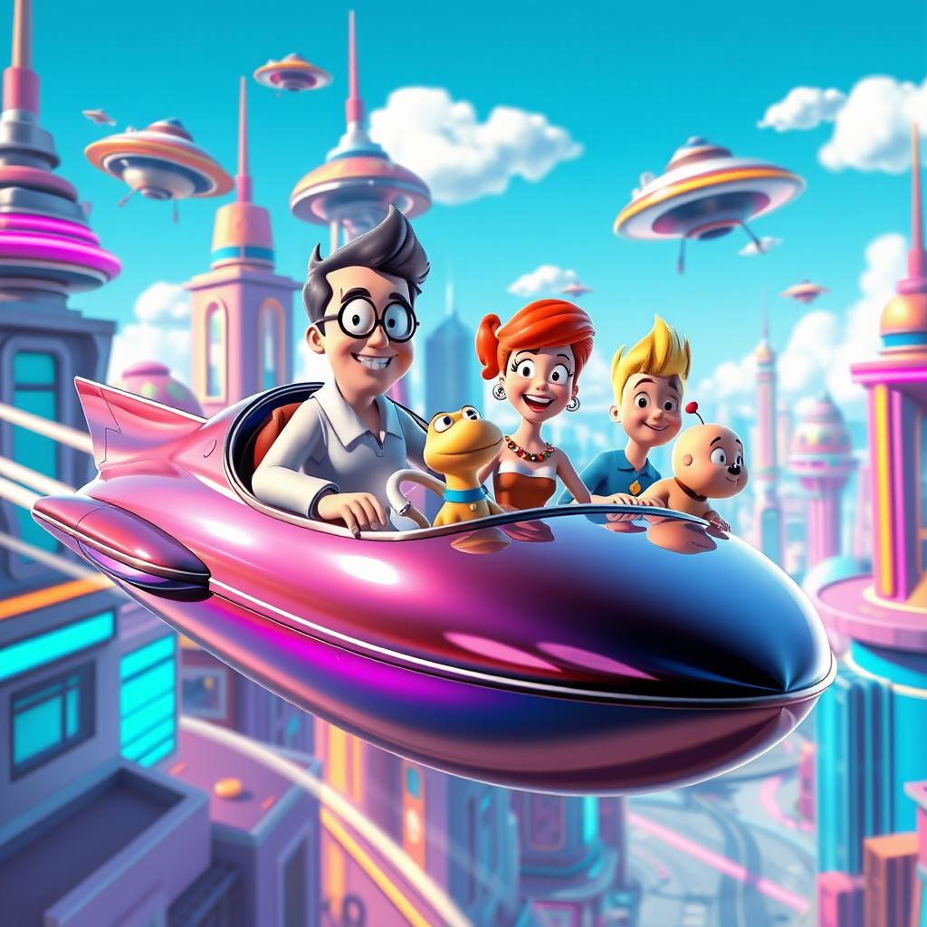 A vibrant and futuristic scene inspired by 'The Jetsons', featuring the iconic family members: George, Jane, Judy, Elroy, and their dog Astro, all rendered in high-quality CGI