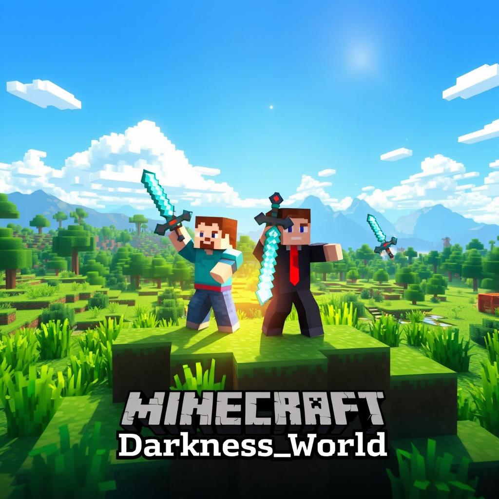 A vibrant and captivating scene from the world of Minecraft Survival, showcasing a lush and blocky landscape filled with green grass, towering trees, and distant mountains under a bright blue sky