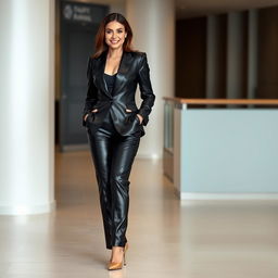 A sophisticated woman standing confidently, about 160 cm tall, wearing a classic black shiny suit that glimmers under the light