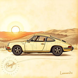 A classic Porsche 911 depicted in the style of Leonardo da Vinci, showcasing intricate sketches and details reminiscent of Renaissance artwork