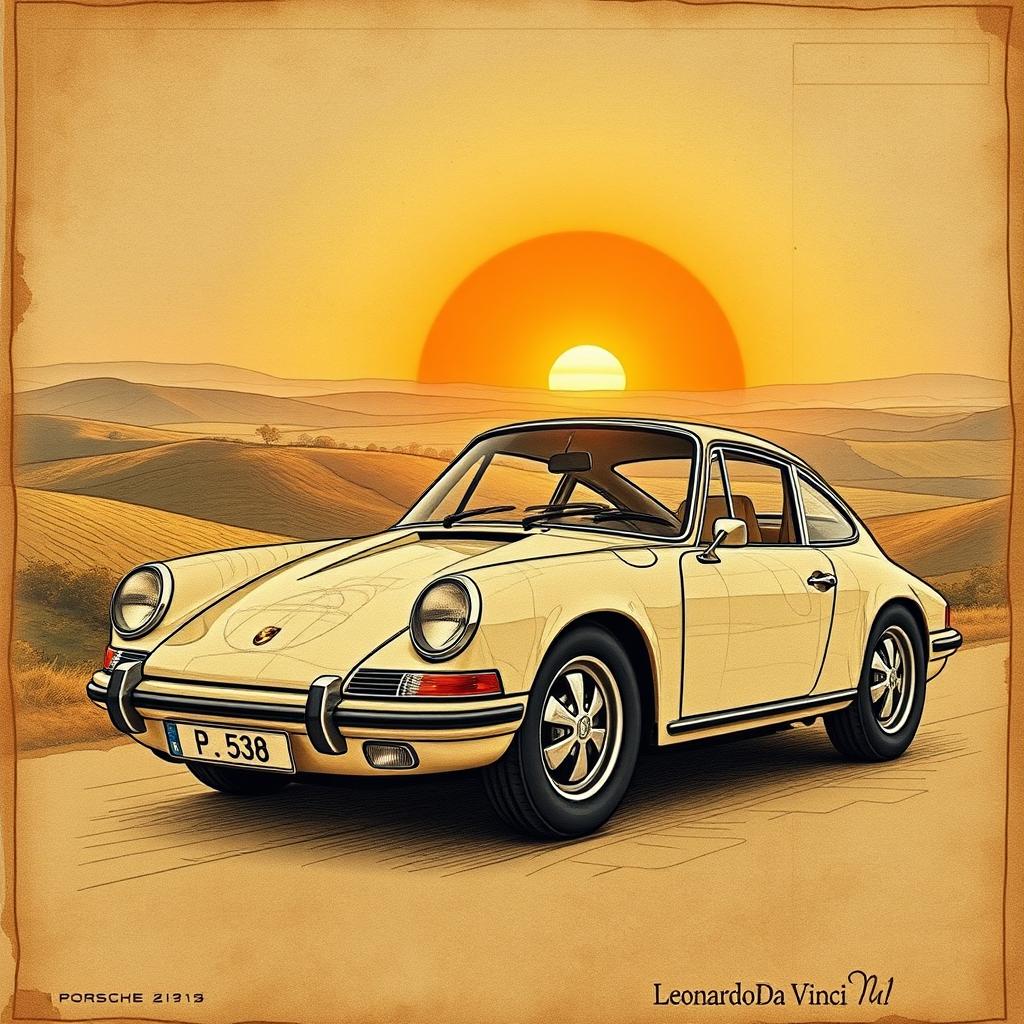 A classic Porsche 911 depicted in the style of Leonardo da Vinci, showcasing intricate sketches and details reminiscent of Renaissance artwork