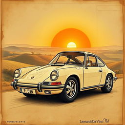 A classic Porsche 911 depicted in the style of Leonardo da Vinci, showcasing intricate sketches and details reminiscent of Renaissance artwork