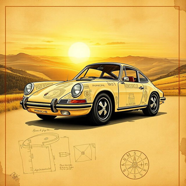 A classic Porsche 911 depicted in the style of Leonardo da Vinci, showcasing intricate sketches and details reminiscent of Renaissance artwork