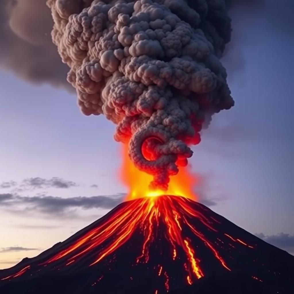 A colossal volcano erupting powerfully, with fiery lava spilling down its slopes and a towering cloud of ash and smoke billowing into the sky