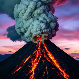 A colossal volcano erupting powerfully, with fiery lava spilling down its slopes and a towering cloud of ash and smoke billowing into the sky