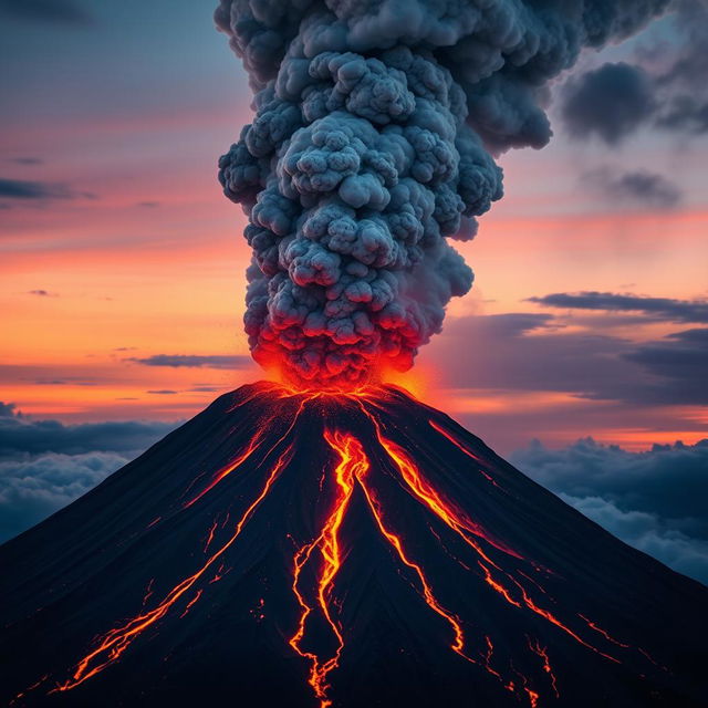 A colossal volcano erupting powerfully, with fiery lava spilling down its slopes and a towering cloud of ash and smoke billowing into the sky