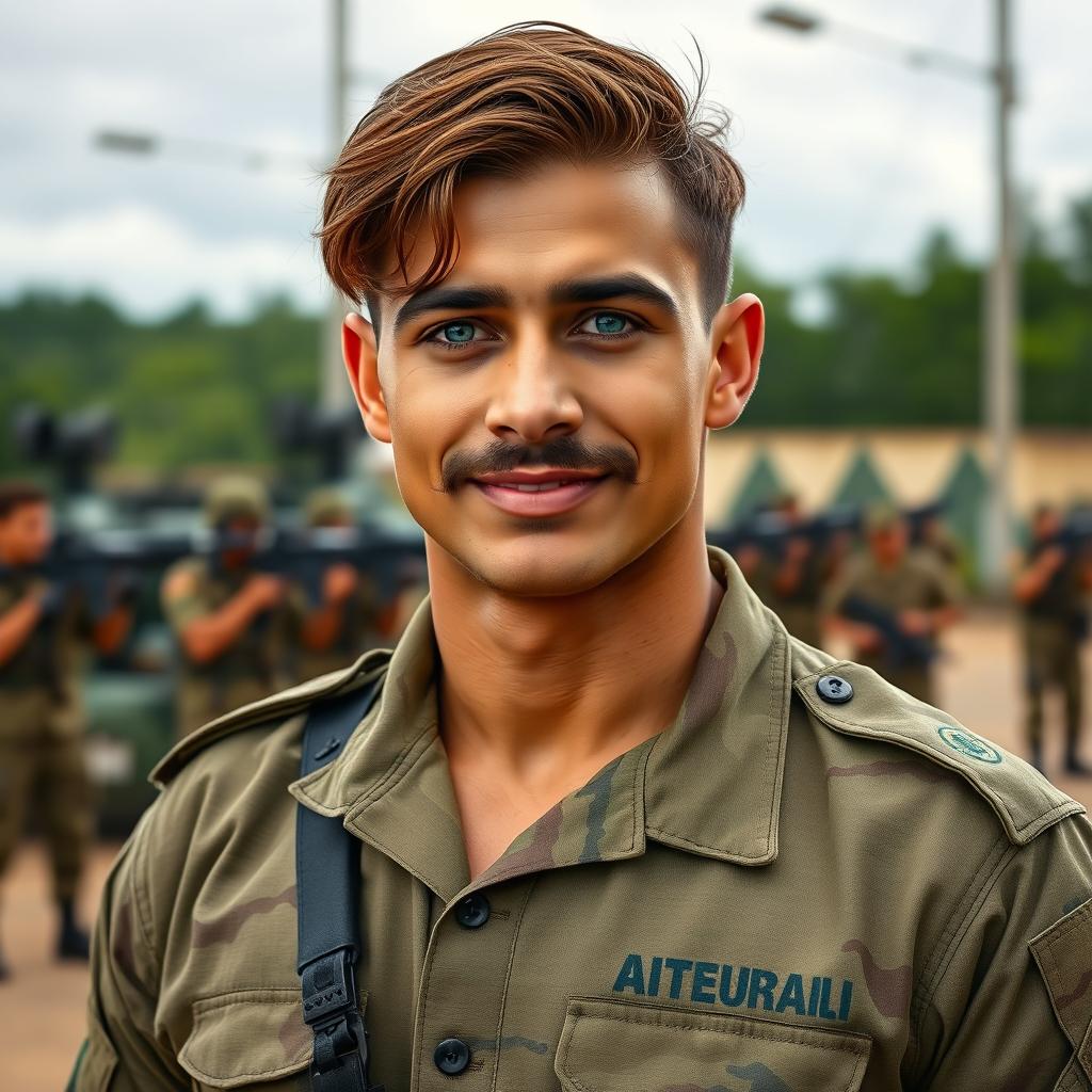 A tall young Brazilian military soldier with a strong physique, featuring a prominent mustache and medium-length brown hair