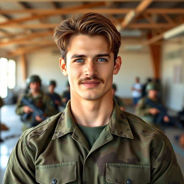 A tall young Brazilian military soldier with a strong physique, featuring a prominent mustache and medium-length brown hair
