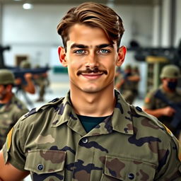 A tall young Brazilian military soldier with a strong physique, featuring a prominent mustache and medium-length brown hair