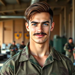 A tall young Brazilian military soldier with a strong physique, featuring a prominent mustache and medium-length brown hair