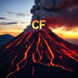 A grand and powerful volcano erupting, with streams of bright molten lava flowing down its rugged slopes, and a massive cloud of ash and smoke billowing dramatically into the sky