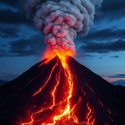 A grand and powerful volcano erupting, with streams of bright molten lava flowing down its rugged slopes, and a massive cloud of ash and smoke billowing dramatically into the sky