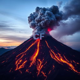 A grand and powerful volcano erupting, with streams of bright molten lava flowing down its rugged slopes, and a massive cloud of ash and smoke billowing dramatically into the sky