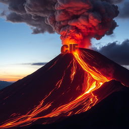 A grand and powerful volcano erupting, with streams of bright molten lava flowing down its rugged slopes, and a massive cloud of ash and smoke billowing dramatically into the sky