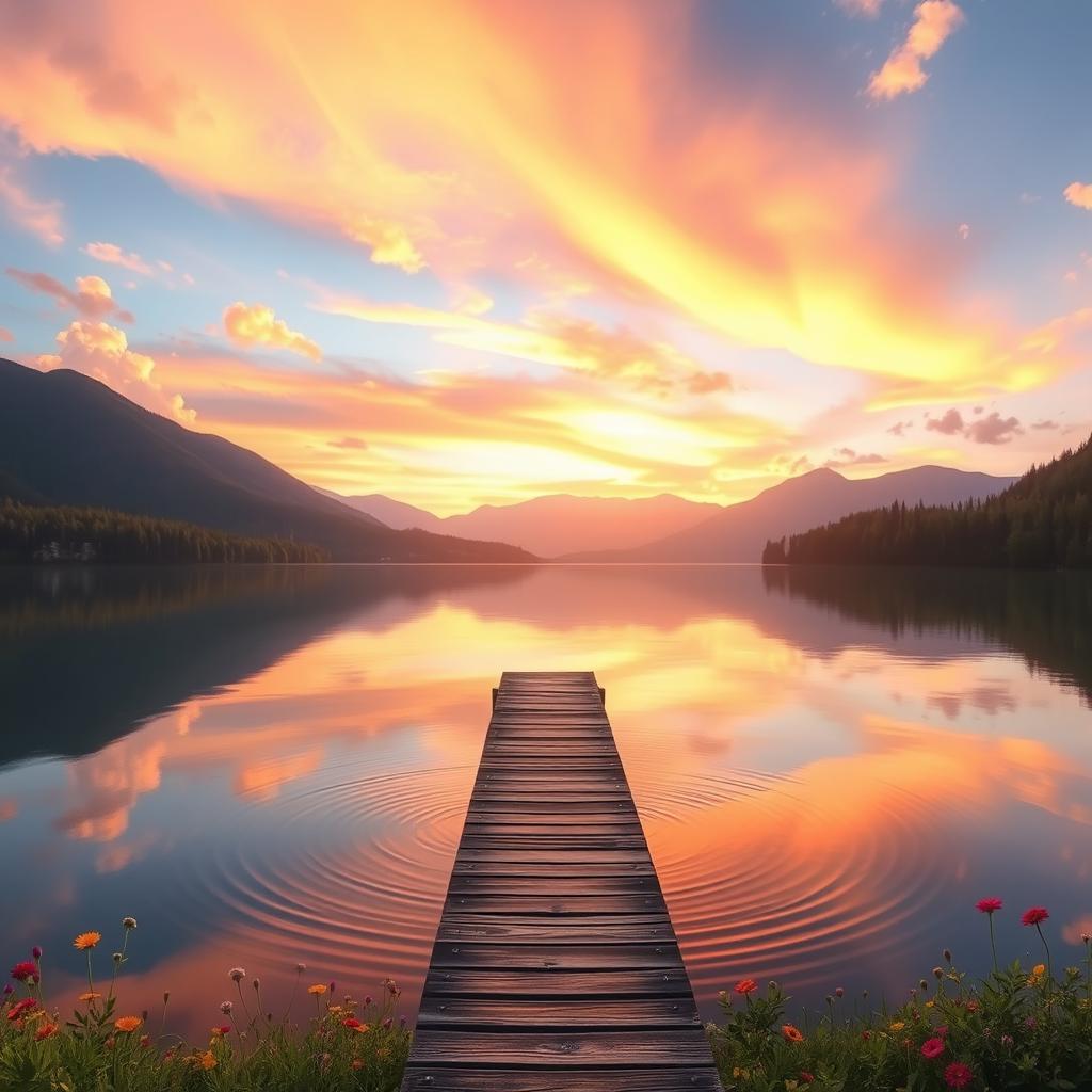 a serene landscape with a tranquil lake reflecting the vibrant colors of a sunset sky, surrounded by lush green forests and distant mountains under a gentle breeze, infused with a magical glow, evoking peace and harmony, featuring a small wooden dock extending into the lake, adorned with colorful wildflowers along the edges, soft ripples on the water's surface, and a few fluffy clouds sprinkled across the sky