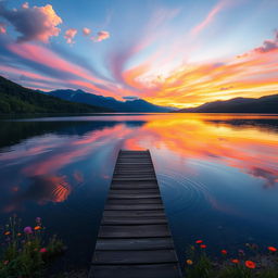 a serene landscape with a tranquil lake reflecting the vibrant colors of a sunset sky, surrounded by lush green forests and distant mountains under a gentle breeze, infused with a magical glow, evoking peace and harmony, featuring a small wooden dock extending into the lake, adorned with colorful wildflowers along the edges, soft ripples on the water's surface, and a few fluffy clouds sprinkled across the sky