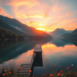 a serene landscape with a tranquil lake reflecting the vibrant colors of a sunset sky, surrounded by lush green forests and distant mountains under a gentle breeze, infused with a magical glow, evoking peace and harmony, featuring a small wooden dock extending into the lake, adorned with colorful wildflowers along the edges, soft ripples on the water's surface, and a few fluffy clouds sprinkled across the sky