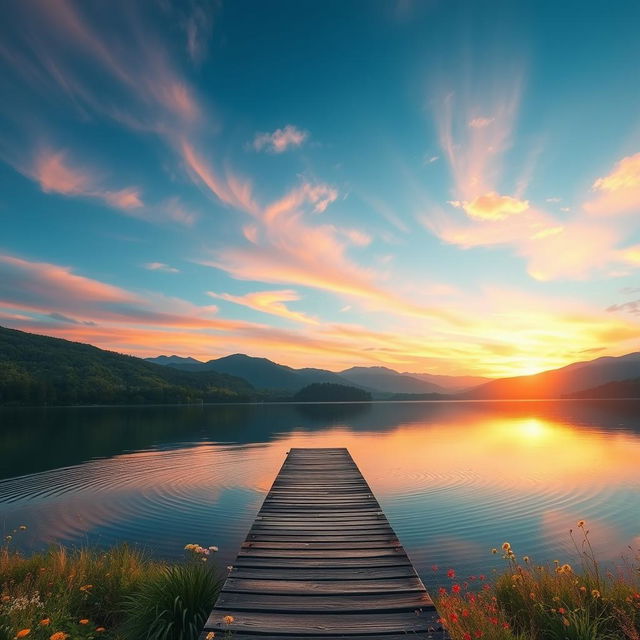 a serene landscape with a tranquil lake reflecting the vibrant colors of a sunset sky, surrounded by lush green forests and distant mountains under a gentle breeze, infused with a magical glow, evoking peace and harmony, featuring a small wooden dock extending into the lake, adorned with colorful wildflowers along the edges, soft ripples on the water's surface, and a few fluffy clouds sprinkled across the sky