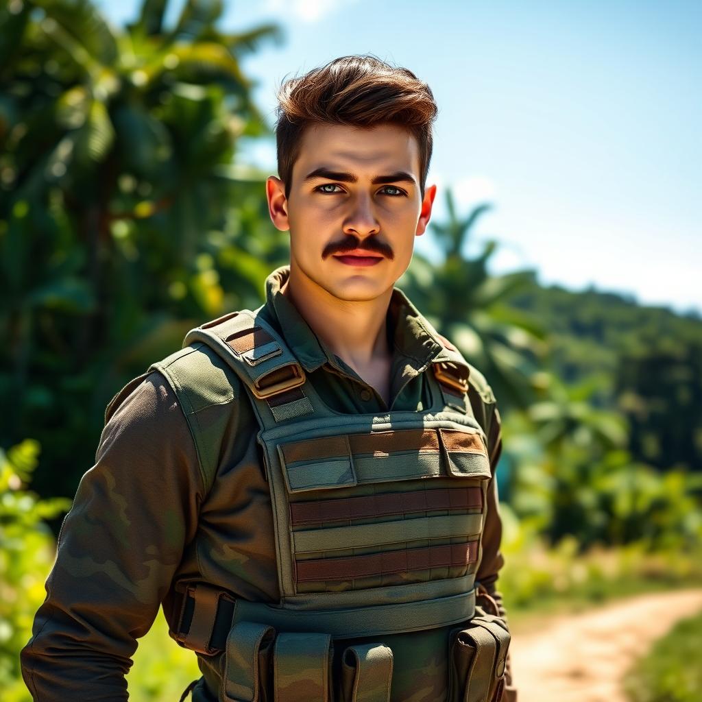 A tall young Brazilian military man with a strong physique, sporting a stylish mustache, brown hair, and striking blue eyes