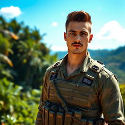 A tall young Brazilian military man with a strong physique, sporting a stylish mustache, brown hair, and striking blue eyes