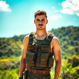 A tall young Brazilian military man with a strong physique, sporting a stylish mustache, brown hair, and striking blue eyes