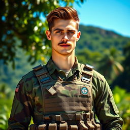 A tall young Brazilian military man with a strong physique, sporting a stylish mustache, brown hair, and striking blue eyes