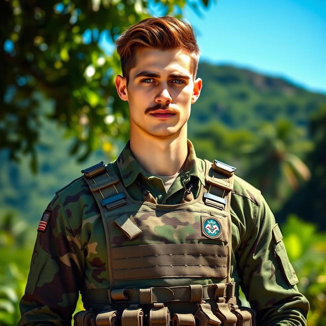 A tall young Brazilian military man with a strong physique, sporting a stylish mustache, brown hair, and striking blue eyes