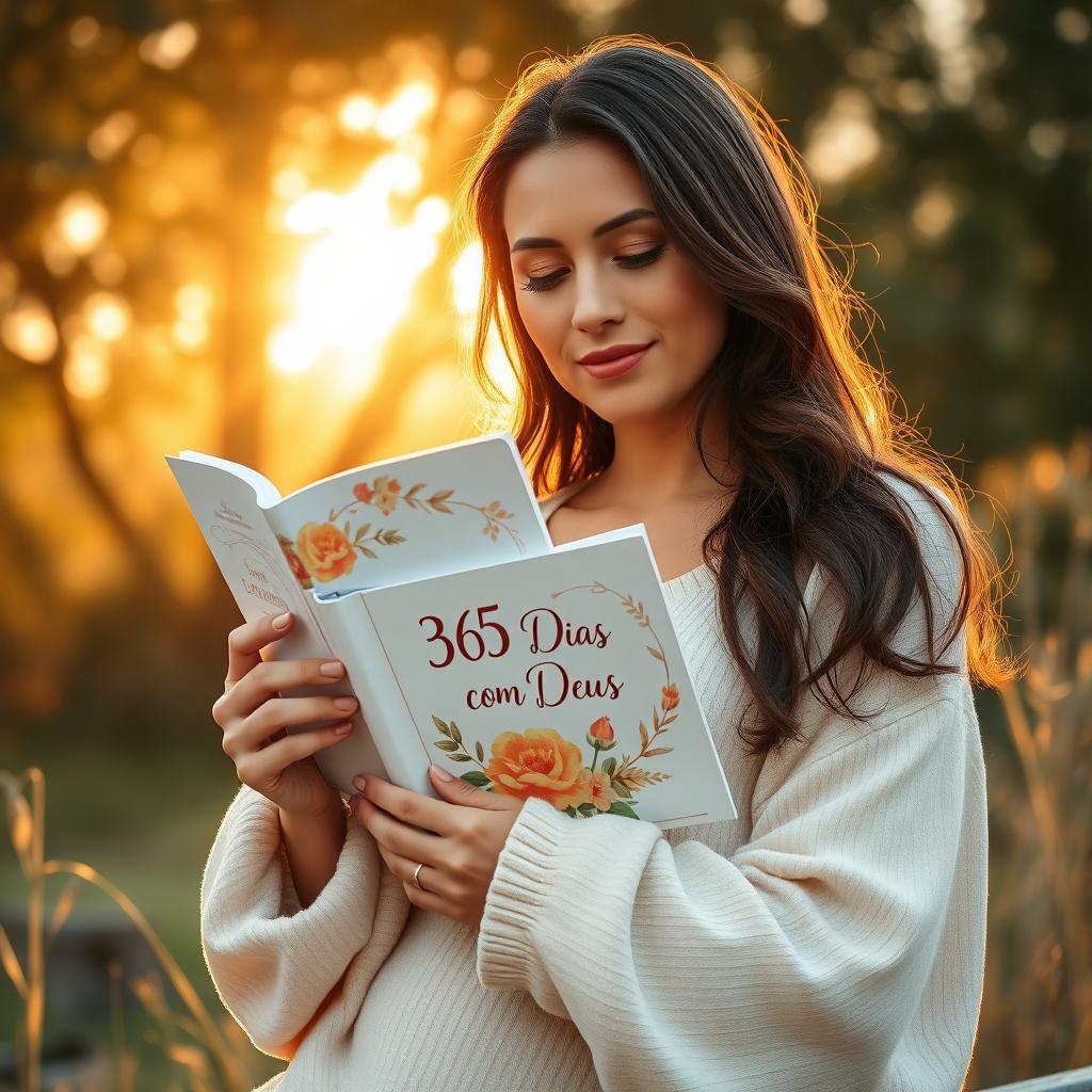 A serene and inspirational scene depicting a loving mother in a tranquil setting, surrounded by nature, symbolizing strength, purpose, and faith