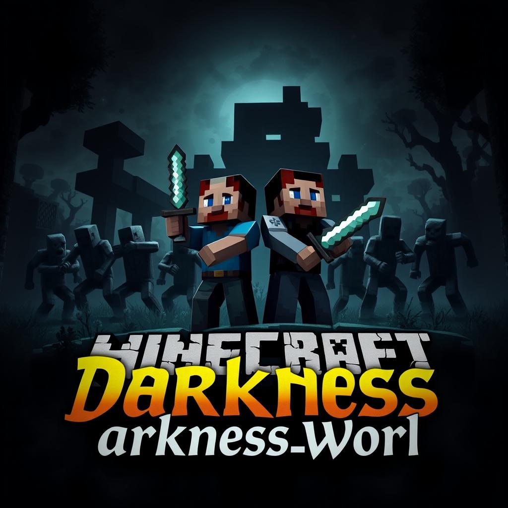 A dark and eerie Minecraft survival world, filled with ominous trees and shadowy structures